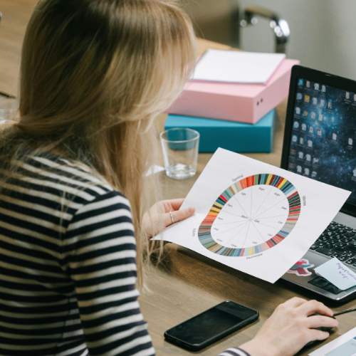 female looking at her laptop and a color wheel